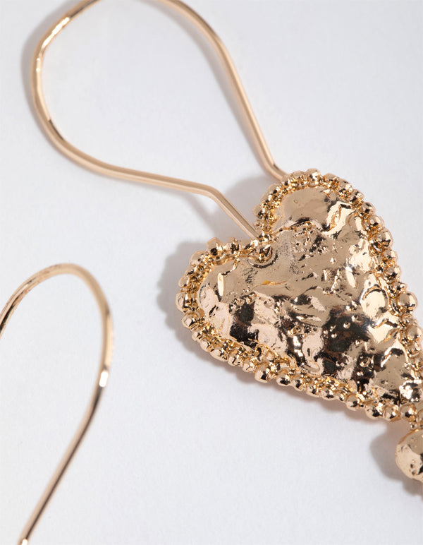 Worn Gold Hammered Heart Drop Earrings