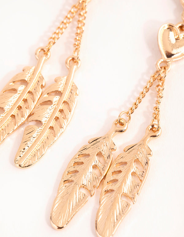 Gold Heart & Feather Drop Earrings