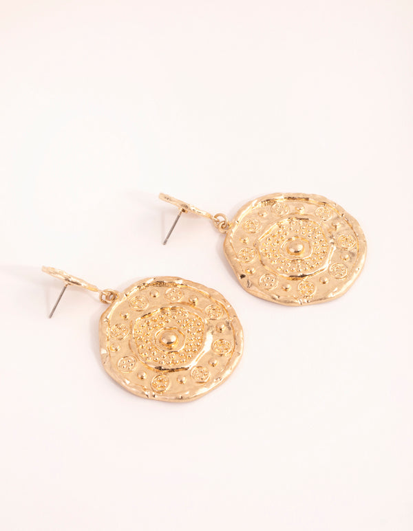 Washed Gold Large Stamp Disc Drop Earrings