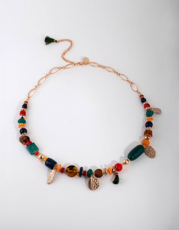 Gold Disc & Tassel Bead Necklace