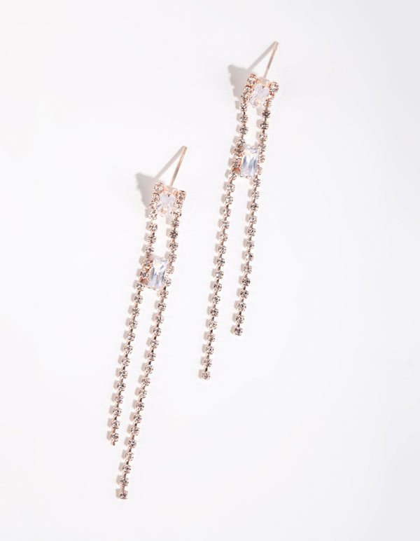 Rose Gold Diamante Double Stick Drop Earrings
