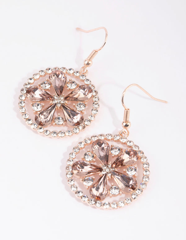 Rose Gold Diamante Flower Wheel Drop Earrings