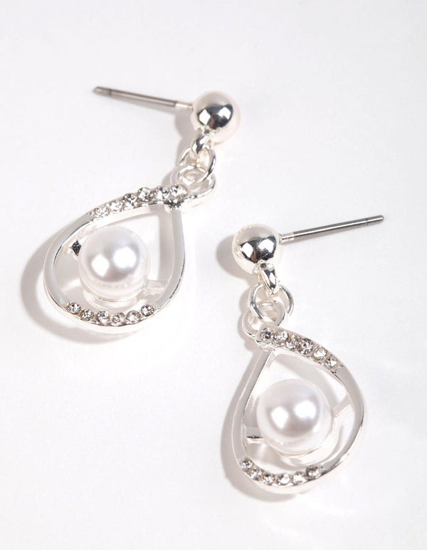 Silver Swirl Pearl Centre Drop Earrings