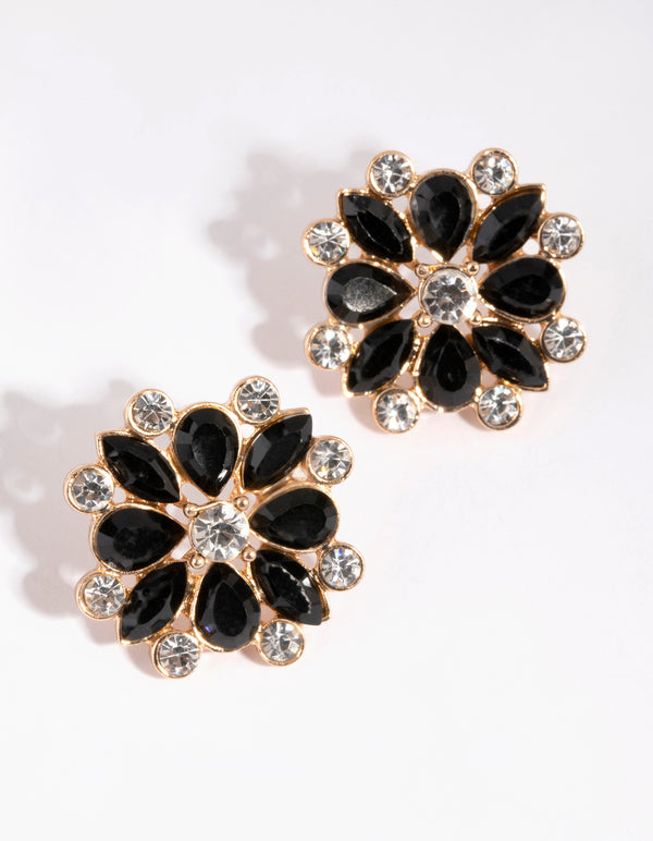 Gold & Black Diamante Flower Stud Earrings