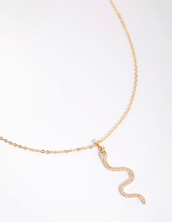 Gold Cubic Zirconia Snake Pendant Necklace