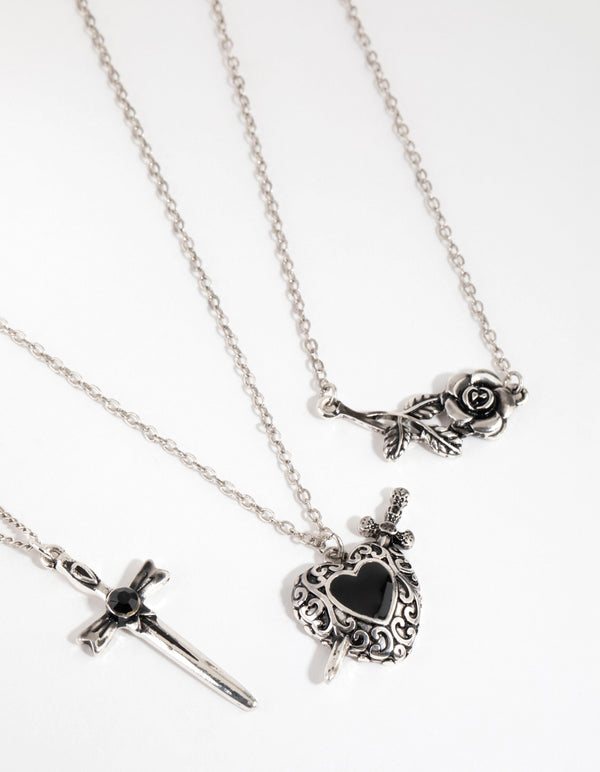 Antique Silver Enamel Heart Layered Necklaces