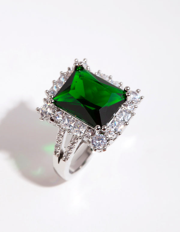 Rhodium Asscher Emerald Cubic Zirconia Ring