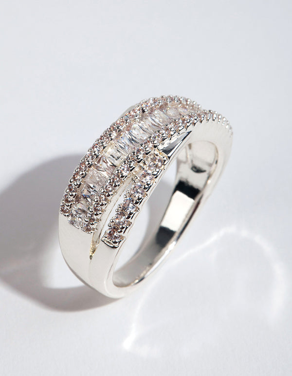 Silver Plated Cubic Zirconia Crossover Baguette Ring