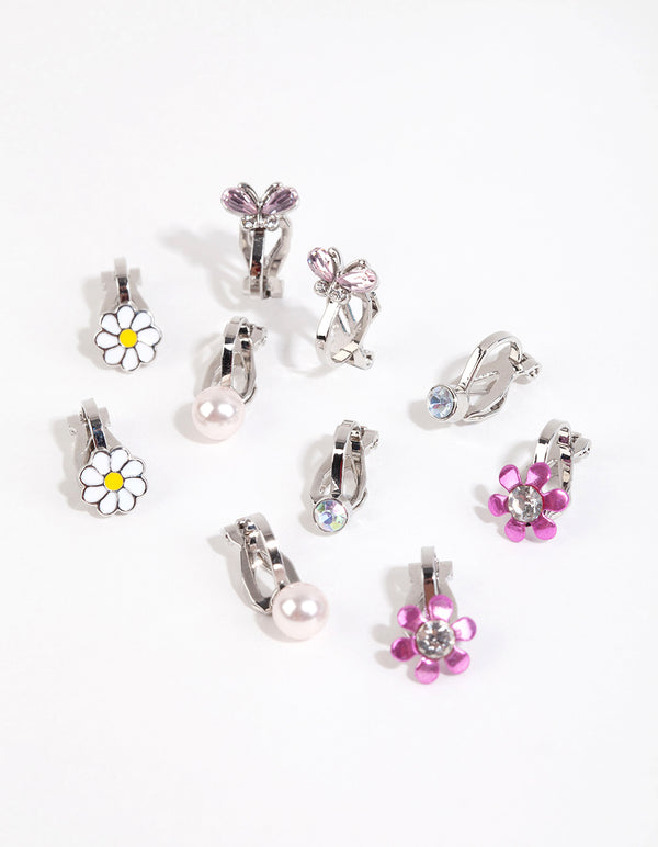 Kids Silver Diamante Flower Clip On Earrings