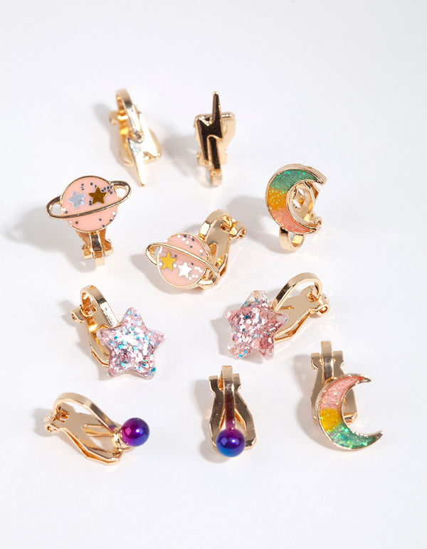 Kids Gold Galaxy Clip On Earring Pack