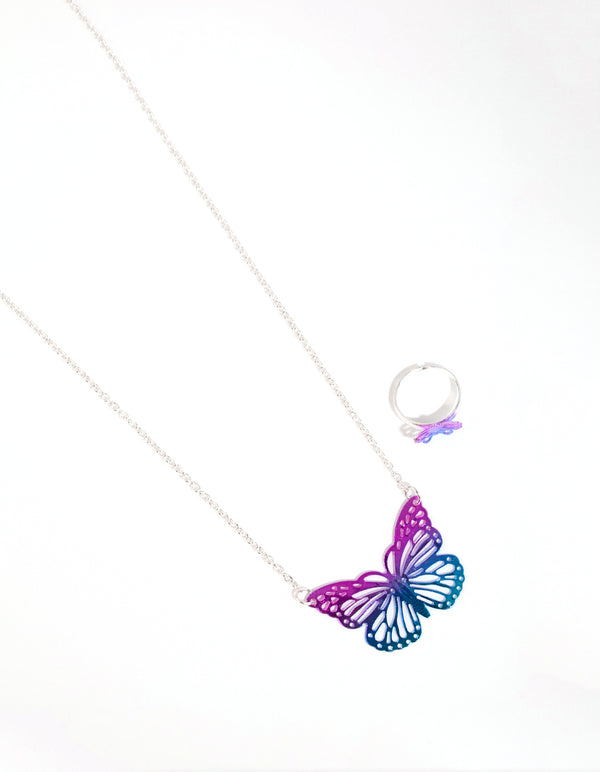 Kids Silver Butterfly Stamp Necklace & Ring Set