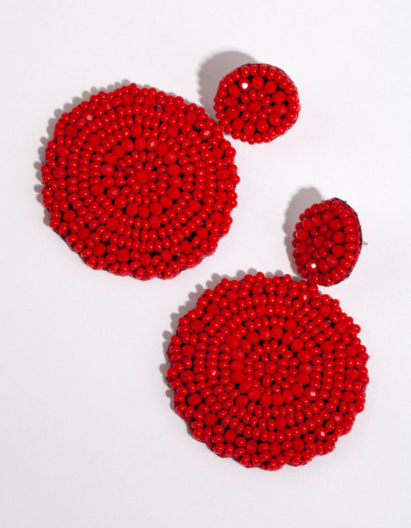 Red Beaded Flat Circle Drop Earrings