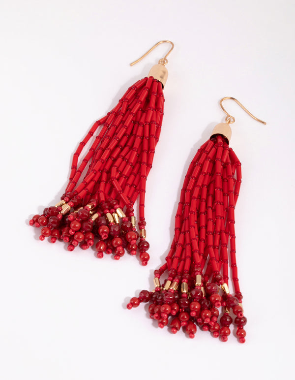 Red Buggle Bead Tassel Drop Earrings