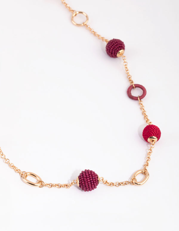 Gold & Pink Seed Beed Thread Wapped Long Necklace