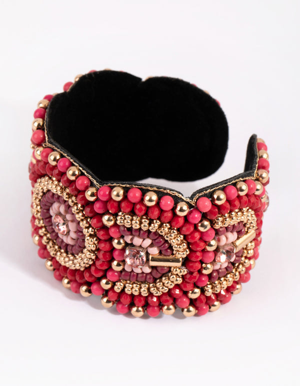 Gold & Red Beaded Scallop Cuff Bracelet