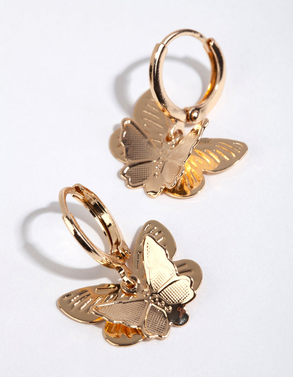 Gold Double Butterfly Stamp Huggie Earrings