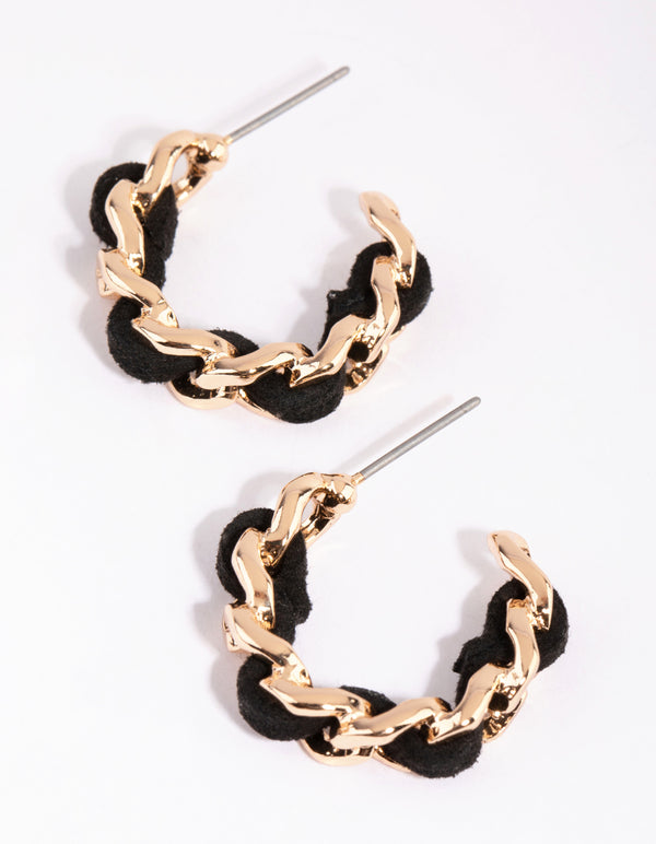 Gold & Black PU Plait Hoop Earrings