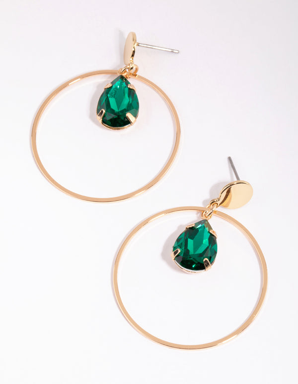 Gold Pear Cut Diamante Open Circle Earrings