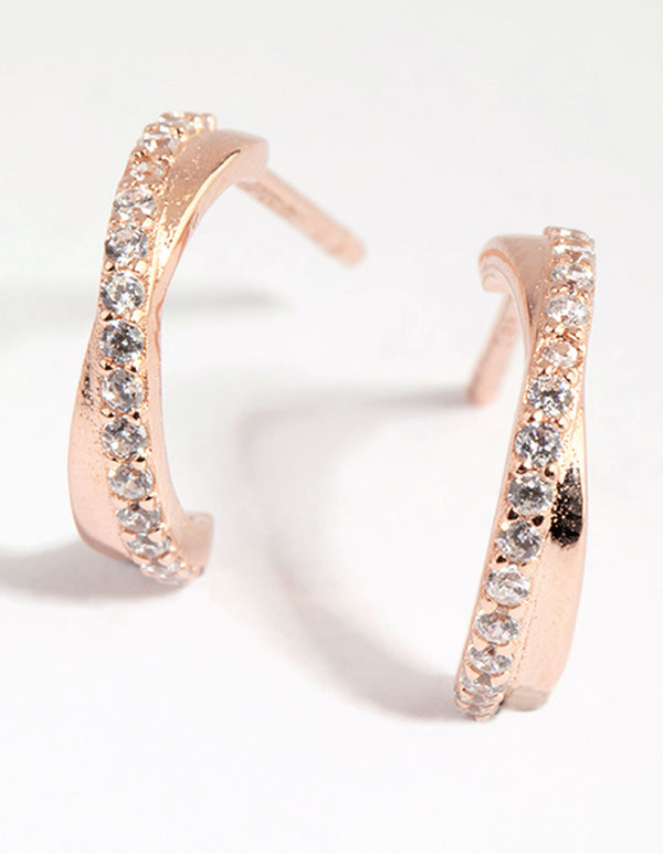 Rose Gold Plated Sterling Silver Cubic Zirconia Crossover Hoop Earrings