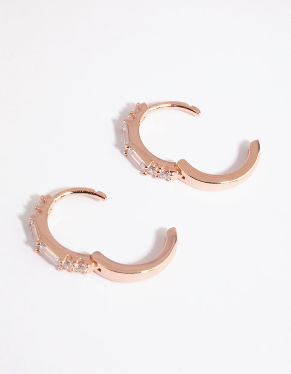 Rose Gold Plated Sterling Silver Baguette Huggie Earrings