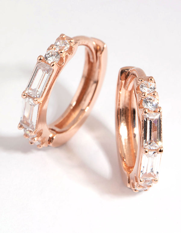 Rose Gold Plated Sterling Silver Baguette Huggie Earrings