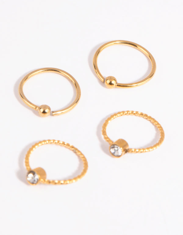 Gold Plated Surgical Steel Textured Diamante Nose Ring 4-Pack