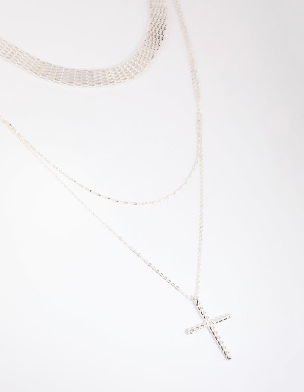 Silver Mesh & Cross Necklace