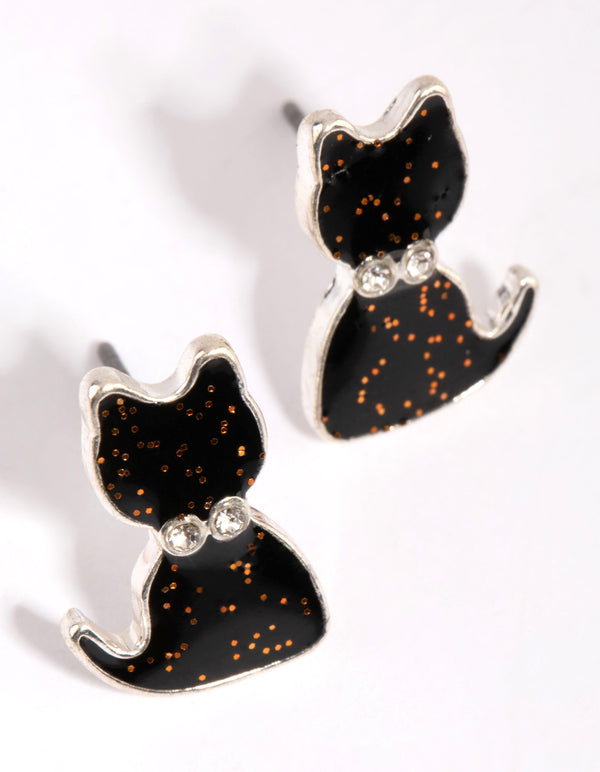 Silver & Black Glitter Cat Stud Earrings
