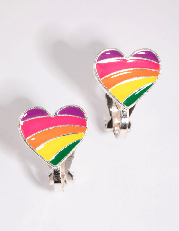Silver Rainbow Heart Clip-On Earrings
