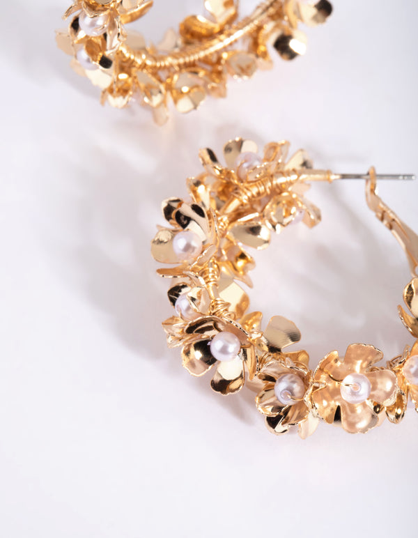 Gold Pearl Flower Hoop Earrings