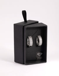 Rhodium Diamond Simulant Detailed Hoop Earrings - link has visual effect only