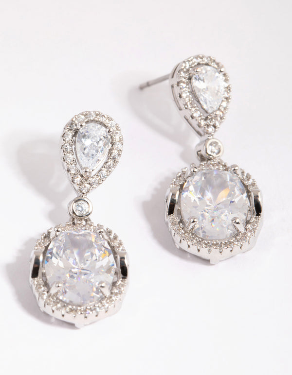 Rhodium Diamond Simulant Oval Drop Earrings