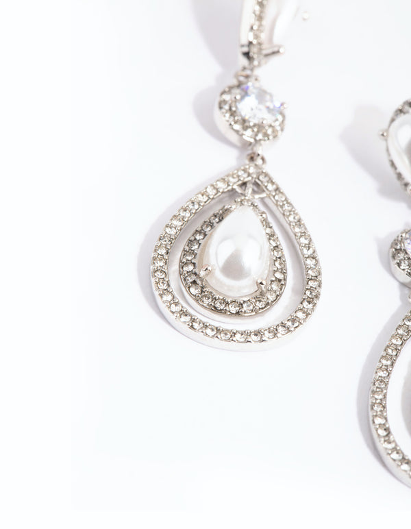 Silver Graduated Pearl Open Teardrop Earrings