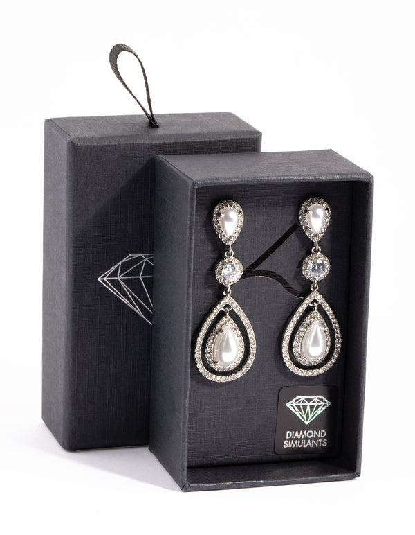 Silver Graduated Pearl Open Teardrop Earrings