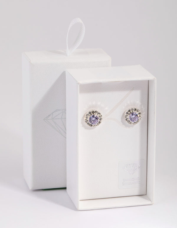 Silver & Lilac Diamond Simulant Halo Stud Earrings