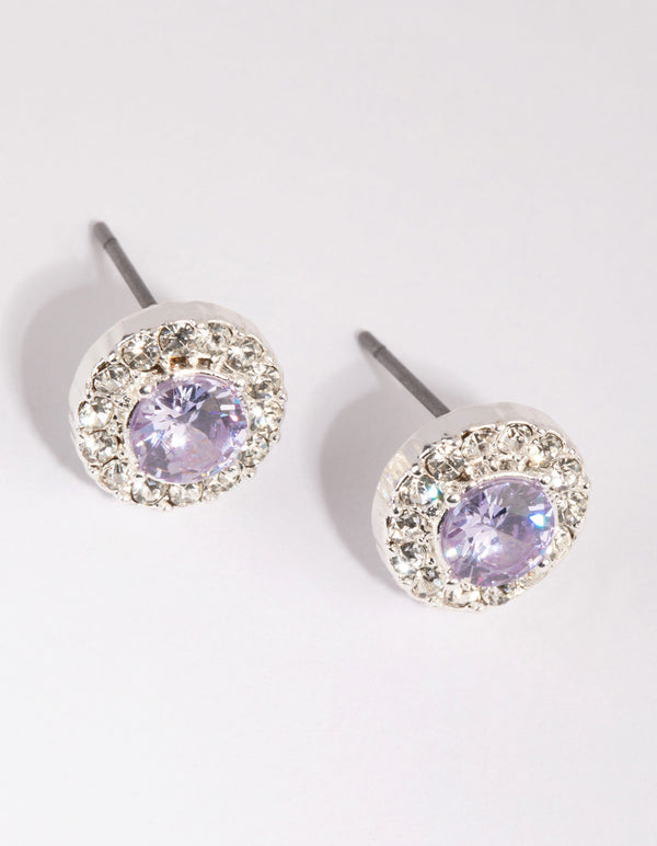 Silver & Lilac Diamond Simulant Halo Stud Earrings
