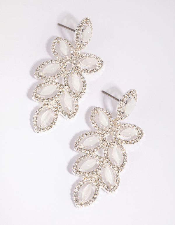 Silver Flower Cut Out Diamante Drop Earrings