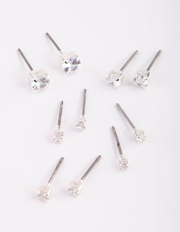 Silver Graduated Diamante Stud Earring 5-Pack