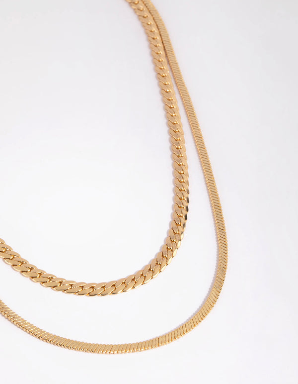 Gold Plated Herringbone & Snake Layered Necklace