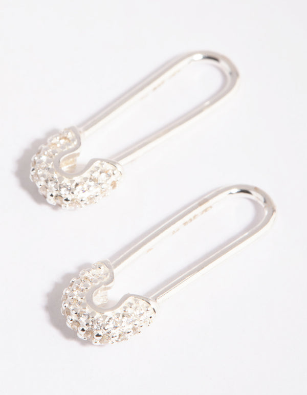 Sterling Silver Pave Safety Pin Earrings