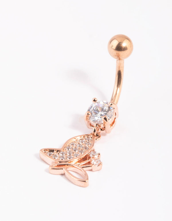 Rose Gold Surgical Steel Crystal Butterfly Belly Bar