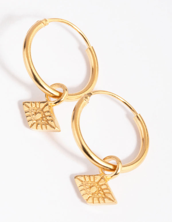 Gold Plated Sterling Silver Embossed Charm Hoop Earrings