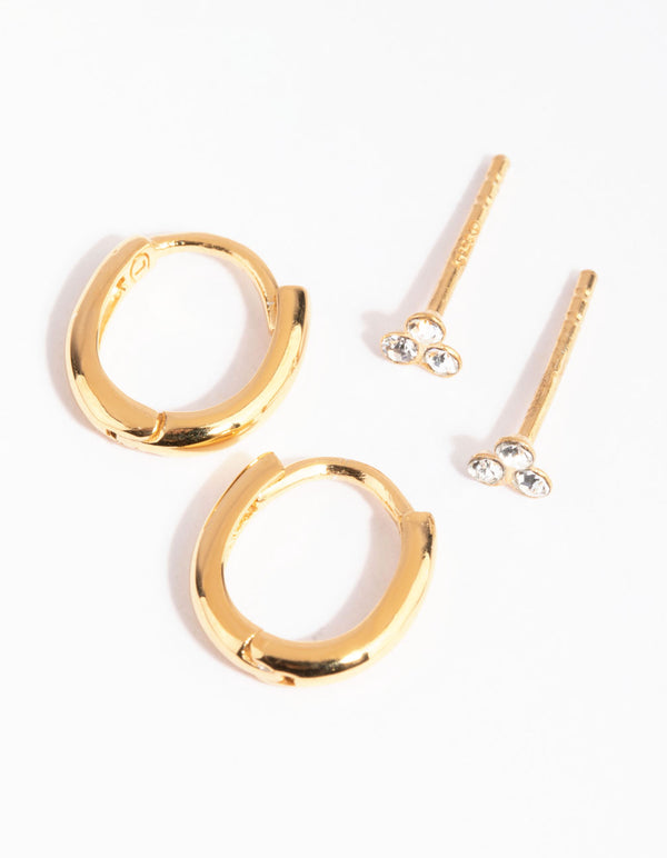 Gold Plated Sterling Silver Ball Stud & Huggie Earring Set