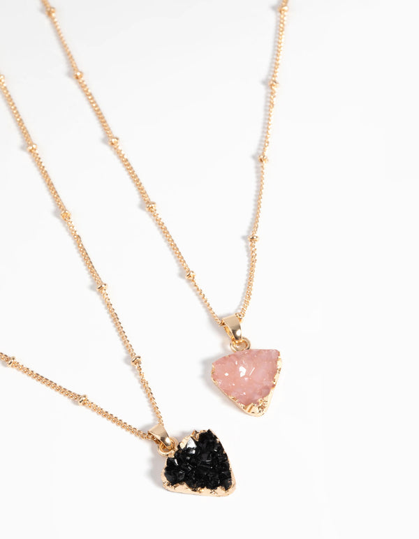 Gold Black & Pink Druzy Necklace Set