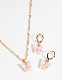 Gold & Pink Butterfly Necklace & Earring Set - link has visual effect only