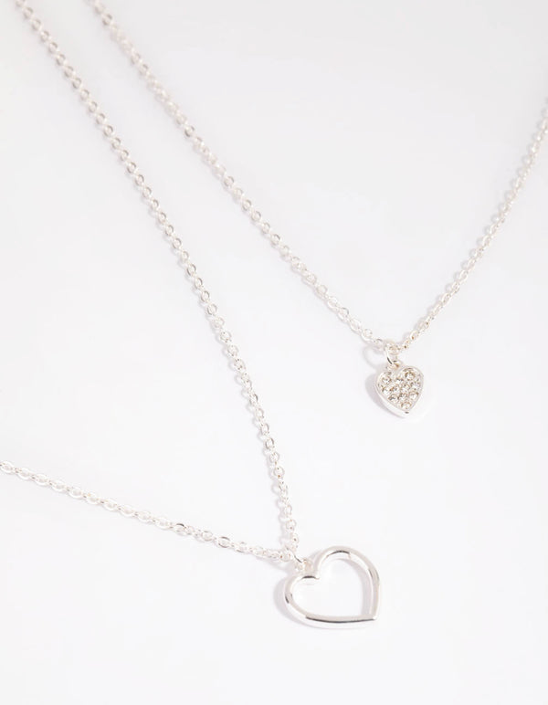 Silver Double Heart Layered Necklace