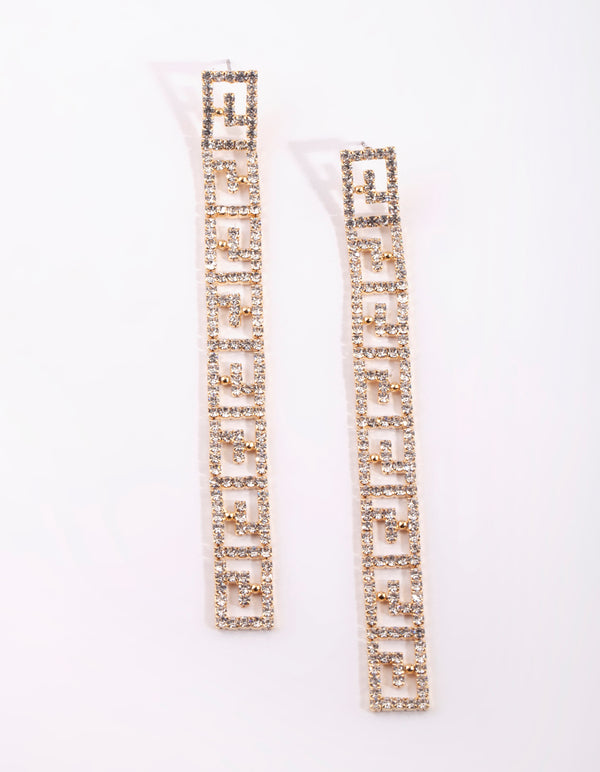 Gold Diamante Greek Key Drop Earrings