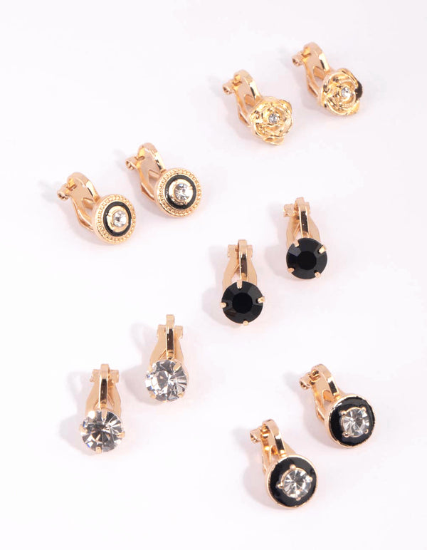 Gold Diamante Clip On Earring 8-Pack