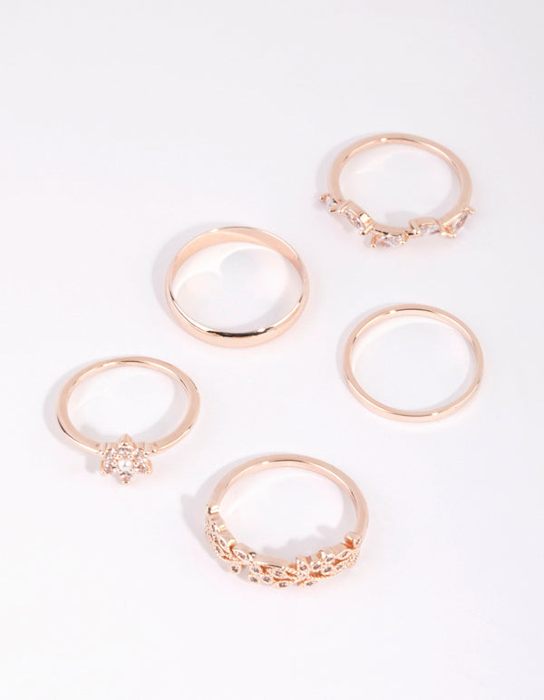 Rose Gold Cubic Zirconia Daisy Ring 5-Pack