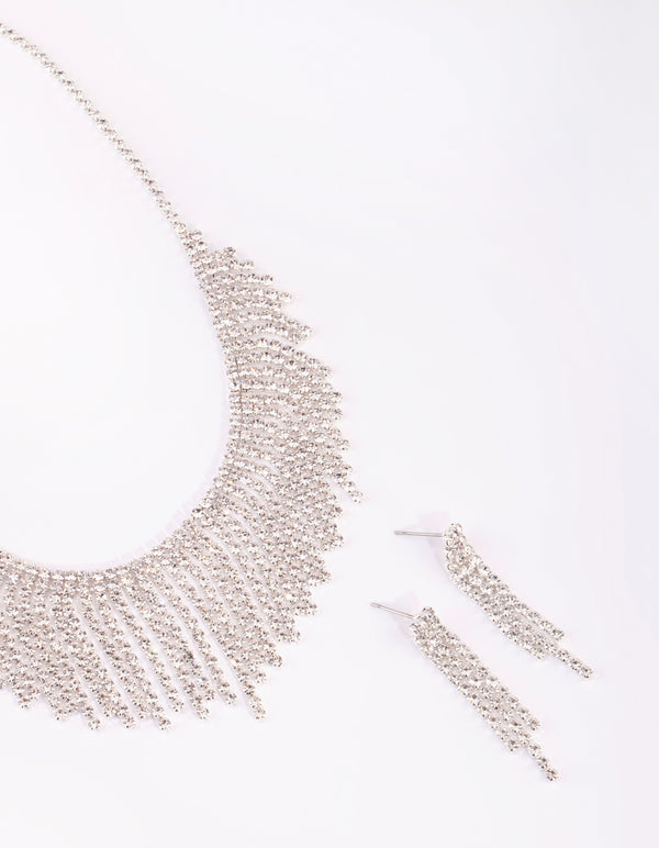 Silver Diamante Tassel Necklace & Earrings Set